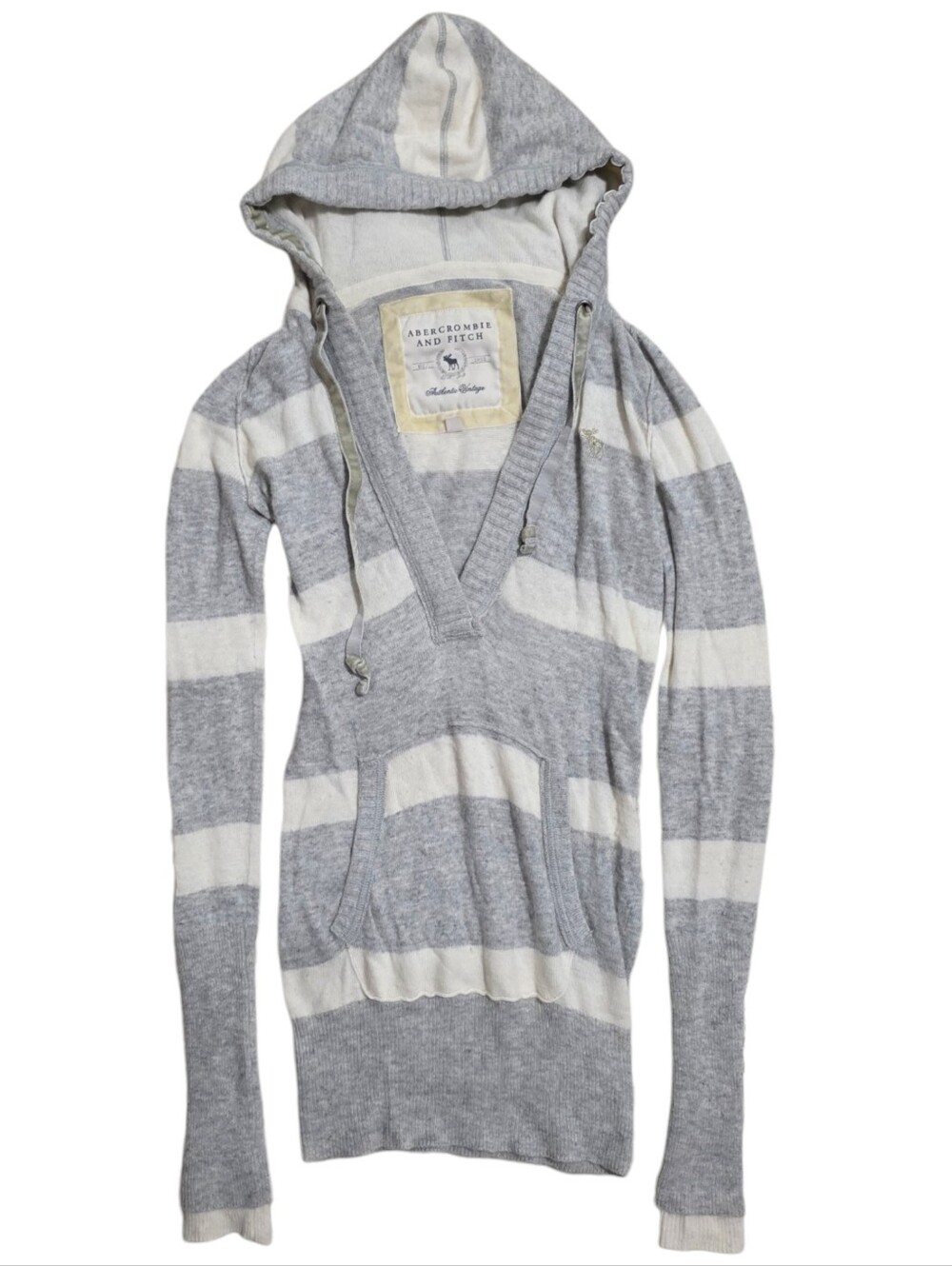 Abercrombie vintage long sleeve knit grey and white hooded vneck pullover